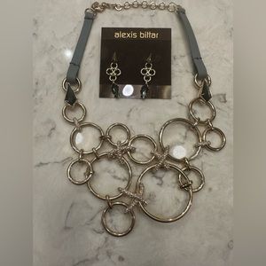 Alexis Bittar bib necklace with leather/crystal detail and earring set in gold